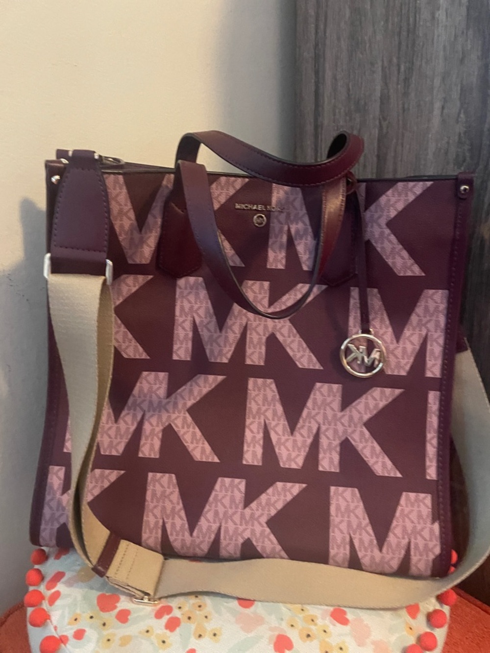 Michael Kors Plum and Light Beige MK Logo Tote